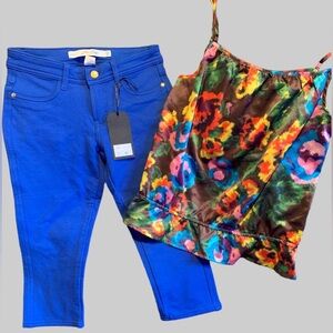 NWT satin colorful floral summer top blouse cobalt royal blue Capris pants Med